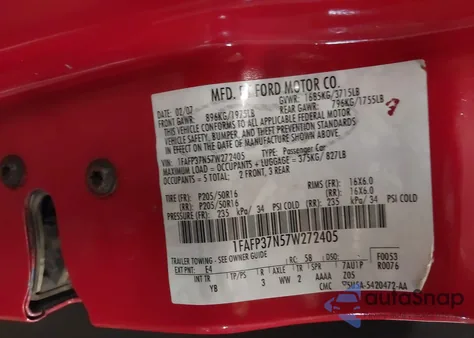 2007 Ford Focus S/Se/Ses from USA, damaged, VIN 1FAFP37N57W272405